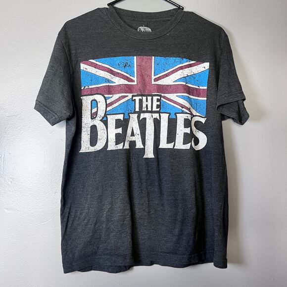 THE BEATLES Band T-Shirt Men’s M Gray Union Jack UK Flag Graphic Rock Tee - Picture 1 of 4
